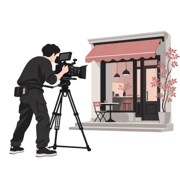 摄影师在真实门店规划并拍摄有效镜头的插画
